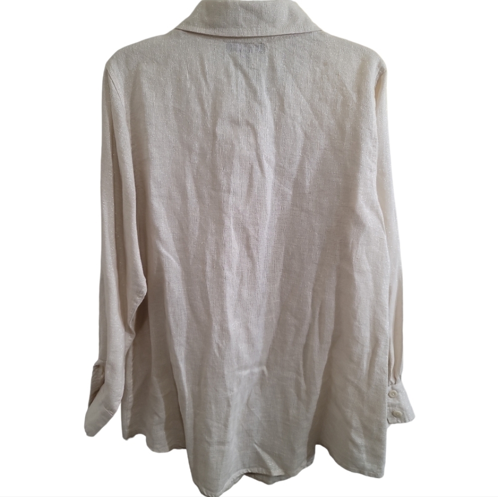 Flax Linen Blend Button-Up Tunic Shirt Silver Metallic Threading Cream Lagenlook - Picture 4 of 6